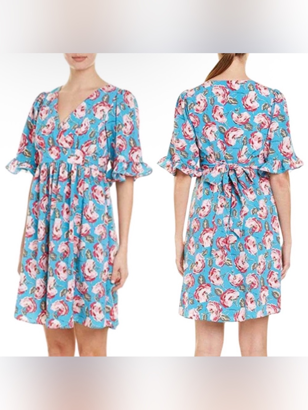 Betsey Johnson Size 10P Floral Ruffle Sleeve Tie-Back Midi Dress Blue Pink Roses